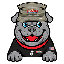 Cartoon bulldog mascot wearing a tan Marine cap labeled 'Semper Fi,' with a black jacket, dog tags, and an American flag patch.