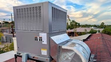 Commercial rooftop packaged HVAC unit providing reliable heating and cooling for a commercial building.