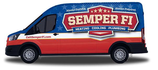 Patriotic Semper Fi service van advertising heating, cooling, and plumbing with blue stars and red stripes.