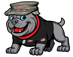Cartoon bulldog mascot wearing a cap and black vest with patches, snarling with a red tongue showing as a friendly team mascot