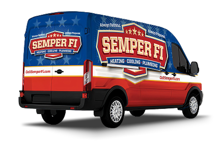 Branded Semper Fi heating and plumbing service van, blue and red with stars, logo on the side and back doors visible.