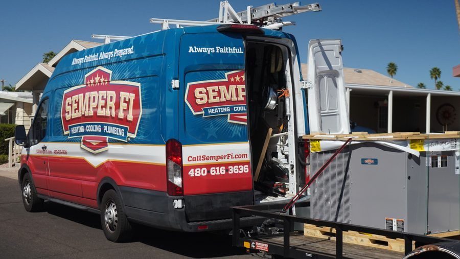 HVAC technician van transporting a new home comfort heating and cooling system for residential installation.