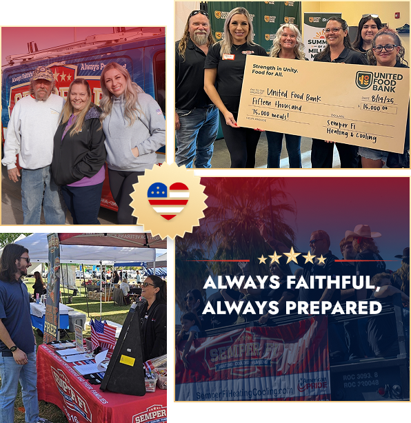 Collage from a veterans charity event: a large check presentation, volunteers at booths, and a patriotic banner reading 'Always Faithful, Always Prepared' with a US flag badge centerpiece.