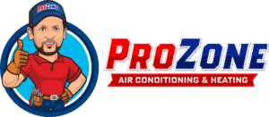 ProZone Air Conditioning & Heating logo featuring a technician mascot representing HVAC installation and repair services